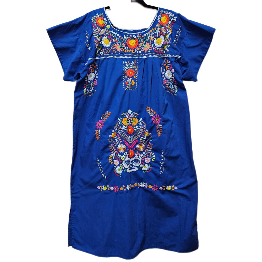 Women's Blue & Multicolor Floral Embroidered‎ Mexican Pueblo Dress Size Small